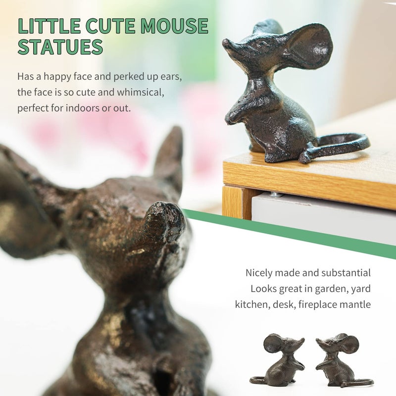 Sungmor Cast Iron Little Cute Mouse Ornament - Decorative & Lovely Figurine Indoor Outdoor Statues - Interesting Animal Sculpture Home Decoration - 2PC Pack & Brown Color - Image 3